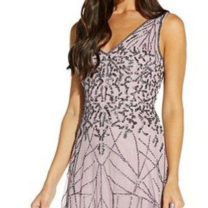 Adrianna Papell beaded silver gardenia 20s dress 0